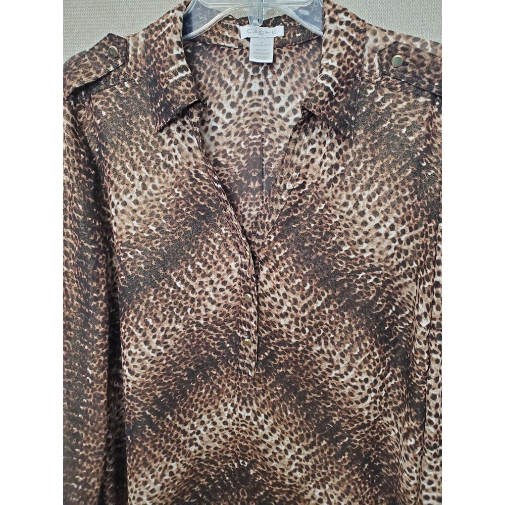Cache Sheer Cheetah Print Long Sleeve Henley Neck… - image 3